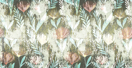 Fotografía Abstract floral and leaf design in celadon and khaki tones.