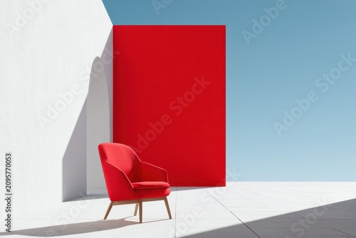 Red velvet armchair standing in minimalist white courtyard with geometric shadows and blue sky for interior design marketing