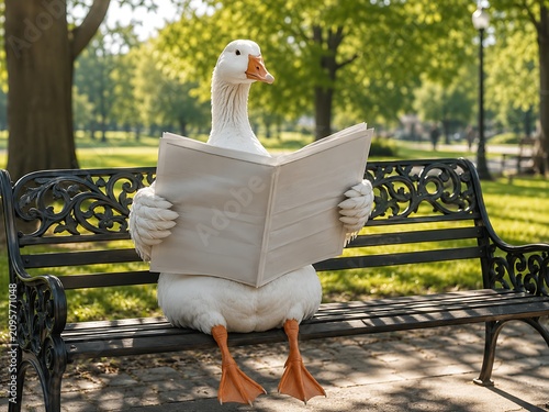 A white goose sitting on a black metal park bench while holding and reading a newspaper in a sunny park with green trees in the background