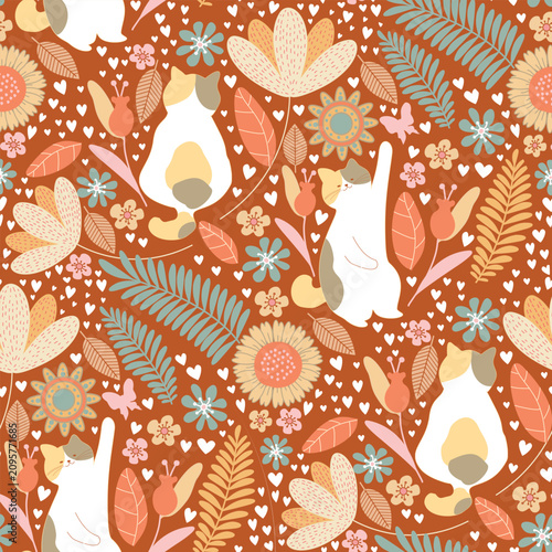 seamless pattern with cat and floral