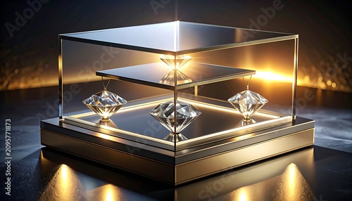 Luxury diamonds in glass display case.