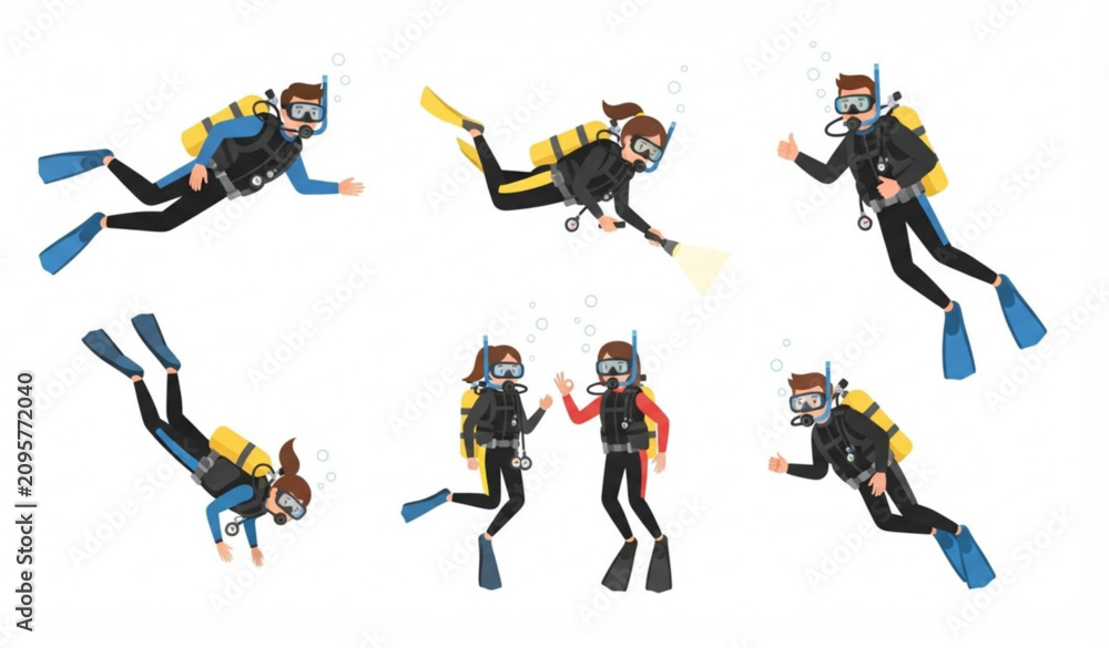 Fototapeta premium Scuba divers character set isolated on white background flat vector illustration