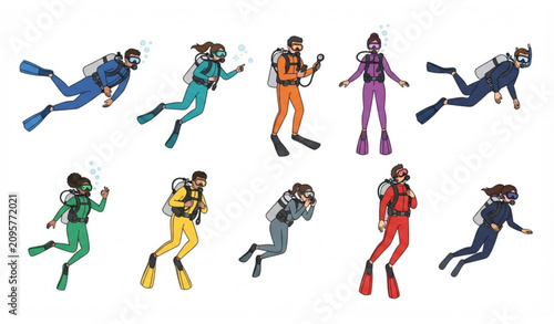 Foto Underwater diving activity character collection isolated on white background fla