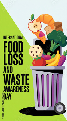 International food loss and waste awareness day poster with overflowing trash bin, discarded fruit, vegetables and bakery products.