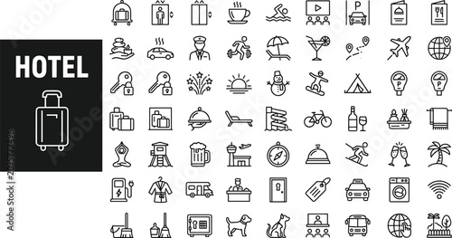 Schilderij op canvas Hotel service and travel accommodation linear icons mega pack featuring hospital