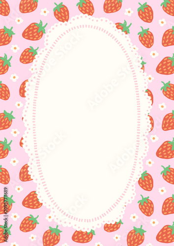 Hand drawn oval frame with lace border and naive strawberry pattern on pink background. Cute summer design with a decorative label shape. Perfect for greeting card, invitation, poster. Vector