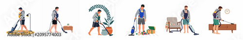 Set of flat vector illustrations of a father multitasking by vacuuming the house while carrying his baby in a baby carrier.