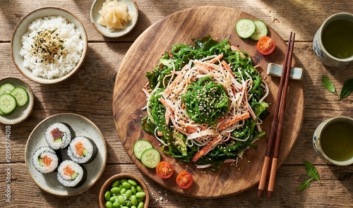 A delicious Japanese meal featuring crab stick seaweed salad on a wooden board, accompanied by sushi rolls, steamed rice, edamame, and green tea.