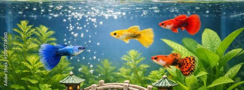 A vibrant collection of colorful guppy fish in shades of orange, yellow, red, and blue, swimming gracefully within a beautifully planted home aquarium.