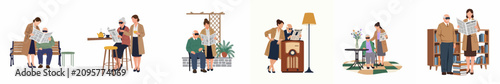 Fotografía Flat illustration collection of a young woman assisting visually impaired elderly people with reading and daily tasks in various indoor and outdoor locations