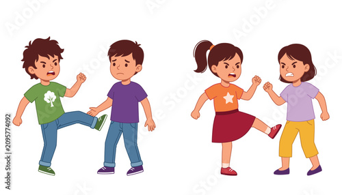 Quadro em tela Angry children fighting vector cartoon character set