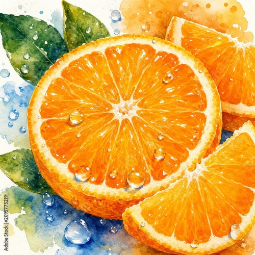 Fresh Watercolor Oranges with Water Drops