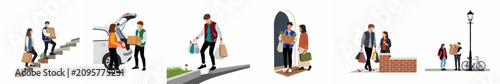 Flat illustration set of a young couple grocery shopping, carrying bags, and loading a car together.
