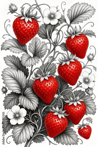 Red Strawberries on Black White Vine Background