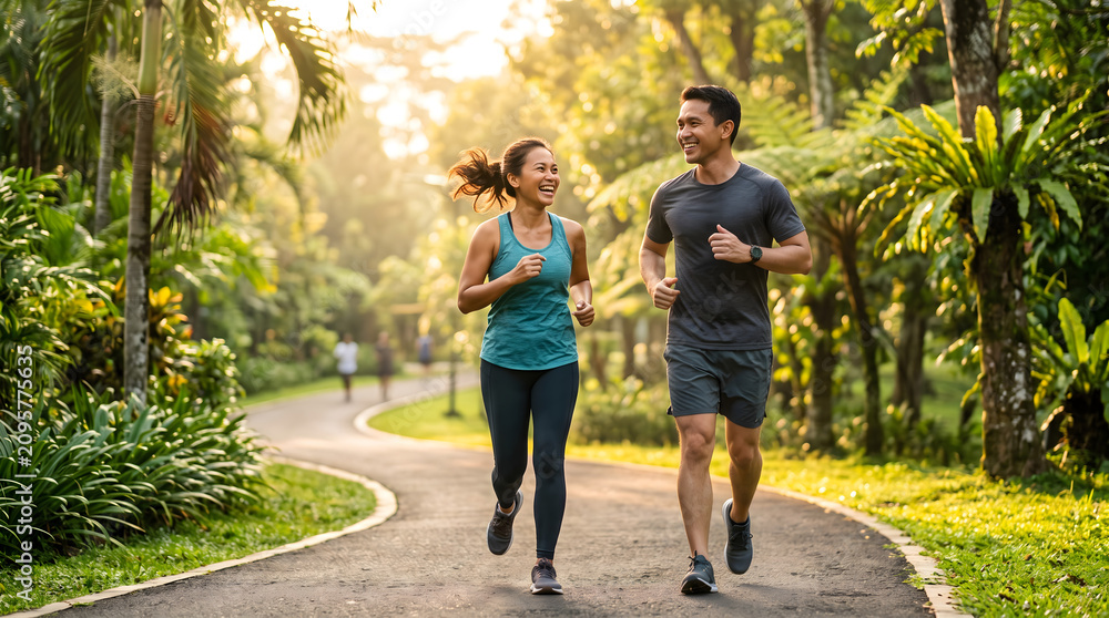 Obraz premium Happy couple jogging through a lush tropical park at sunrise