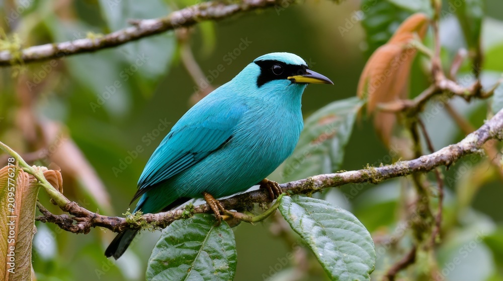 Obraz premium Vibrant turquoise bird perched on a branch with lush green foliage in a natural setting, showcasing stunning colors and intricate details of its feathers