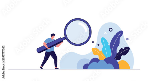 Curious man holding a massive magnifying glass to inspect and explore nature and plants, flat vector design.