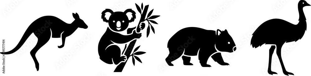 Fototapeta premium Australian animals, wildlife icons, black silhouettes, vector set, 4 elements 