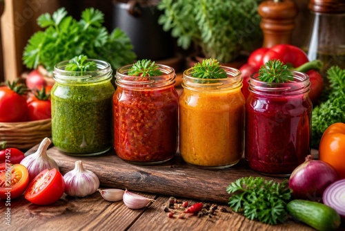 Jars of colorful sauces arranged on rustic wooden board