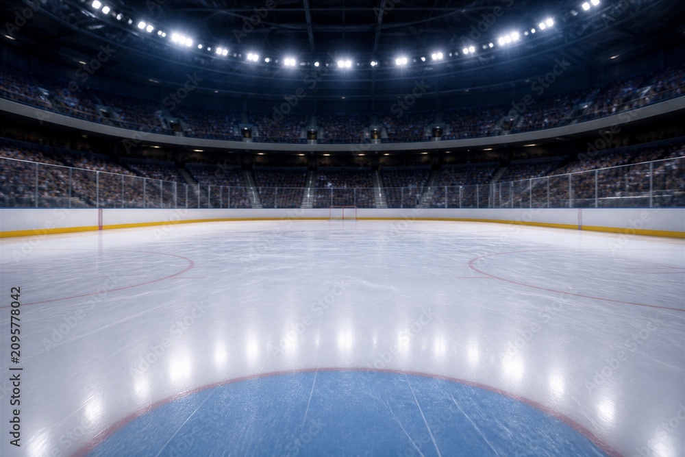 Obraz premium Empty ice hockey rink with arena seating and bright lights
