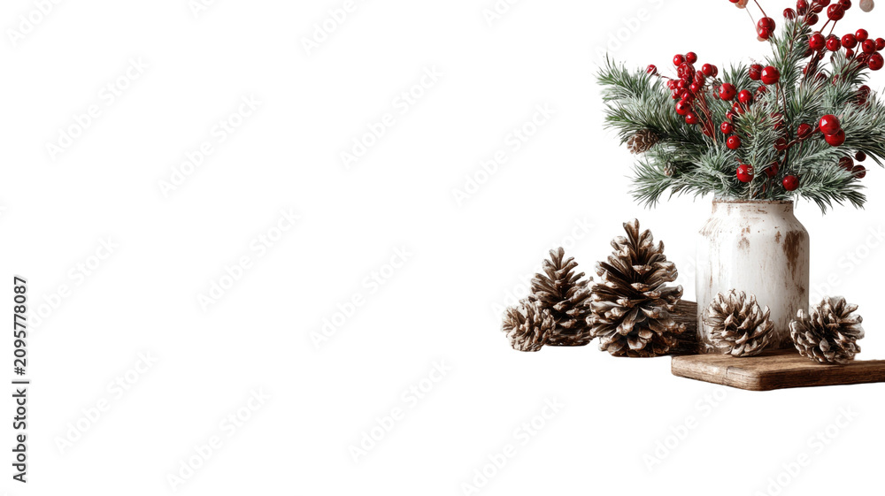 Fototapeta premium Snow Covered Christmas Tree with Red Berries and Pine Cones Isolated Green Fir Branch Holiday Decoration for Christmas and New Year Celebration with Gold Ornaments and Gifts