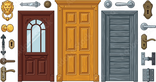 Vintage Wooden Door Collection with Handles Locks Hinges Knockers and Architectural Hardware Elements Isolated Vector Illustration Set