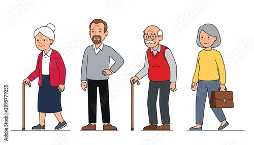 Elderly people vector cartoon character set. Group of senior citizens, old grandparents walking with cane, mature man standing and grandmother with briefcase.