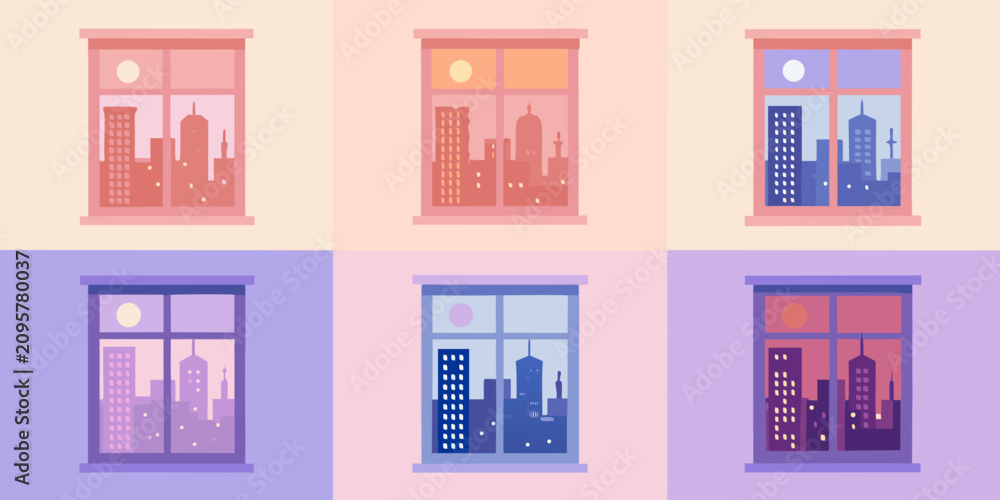 Obraz premium Cityscape Window Views Flat Vector Illustration With Pastel Backgrounds