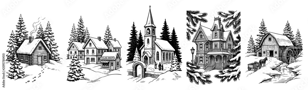 Fototapeta premium Christmas winter village element set with cabin church house watermill