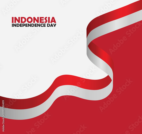 Indonesian Independence Day background with red and white waving flag ribbon