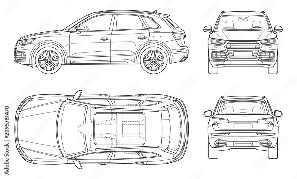 Fototapeta premium Crossover car blueprint from side front top and back view