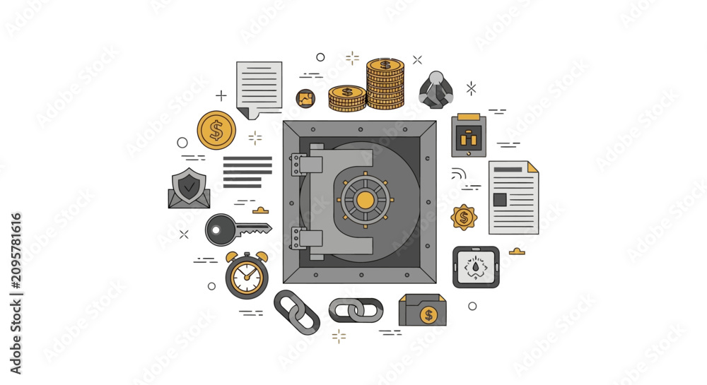 Fototapeta premium Financial Security and Data Protection Concept - Bank Vault with Business Icons and Money