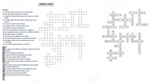 World map crossword puzzle for educational geography challenges and learning activities. Detailed world map crossword grid provides engaging brain teaser for students.