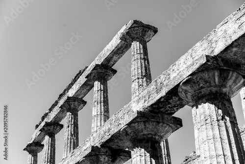 Dettaglio di colonne doriche del tempio greco di Paestum in bianco e nero
