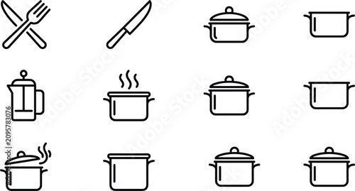 Foto Kitchen cooking utensils and pots line icon set for restaurant menu website inte