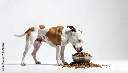 Curious Dog Eating Dry Kibble From Metal Bowl in Studio