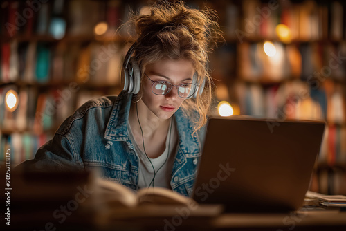 Young student wearing headphones studies with laptop and books in a library, focused on online learning, research, and education.