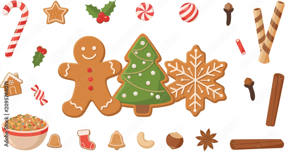 Naklejka premium Christmas Gingerbread Cookie Collection Featuring Gingerbread Man Tree Snowflake Candy Cane Spices and Festive Sweet Decorations