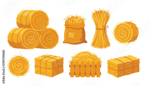 Photos Hay bale and straw vector illustration set