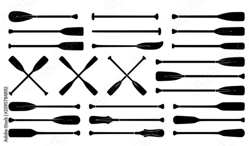 Foto Wooden Boat Oars Black Silhouette Vector Icon Set Isolated on White Background