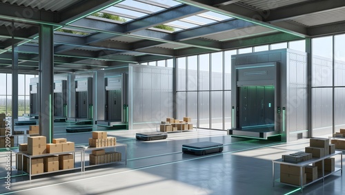 Modern automated warehouse with robots and cargo, showcasing efficient logistics and futuristic technology.
