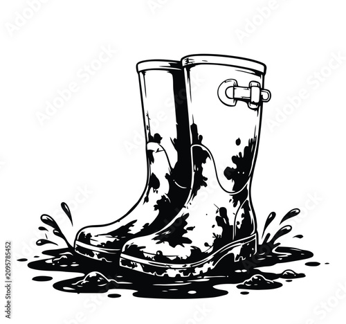 Foto Black and white rubber rain boots in a water puddle icon