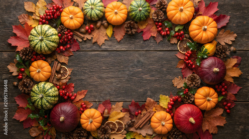 Happy halloween autumn harvest festive pumpkins berries and fall leaves on rustic wood background