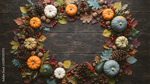 Happy halloween autumn wreath festive pumpkins pinecones and fall foliage on rustic wood background