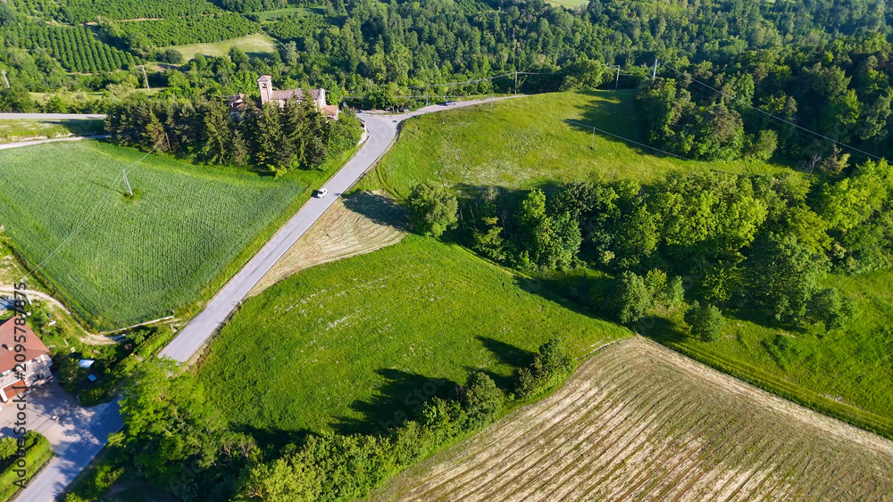 Obraz premium Aerial View of a Winding Road Through Green Piedmont Countryside
