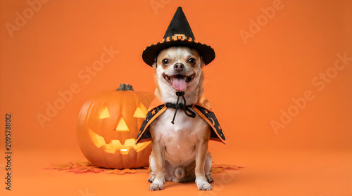Happy halloween adorable chihuahua in witch costume with jack o' lantern for festive fall celebrations