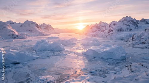 Majestic Arctic Sunrise Over Frozen Glacial Landscape With Snow Capped Mountains And Icebergs