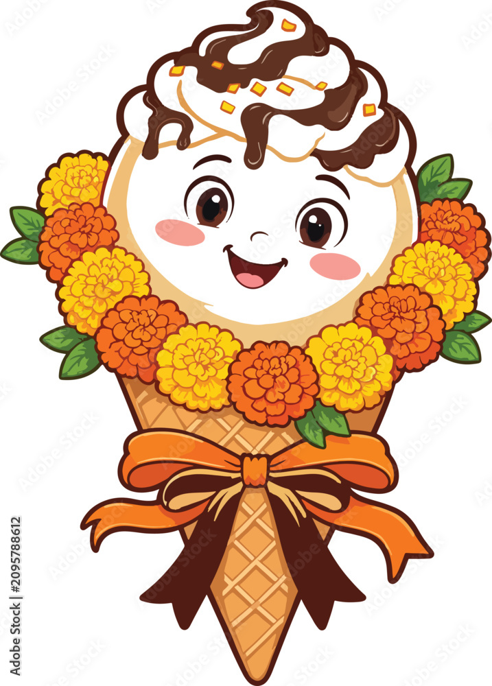 Fototapeta premium Cartoon ice cream cone with smiling face and colorful floral wreath around it