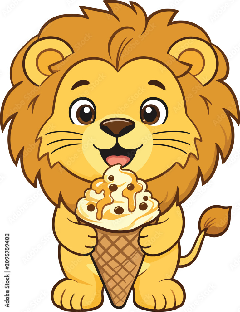 Fototapeta premium Cartoon lion holding and eating ice cream cone with caramel and chocolate chips happily