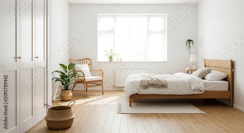 Modern cozy bedroom interior with a wooden bed frame and a green decorative plant